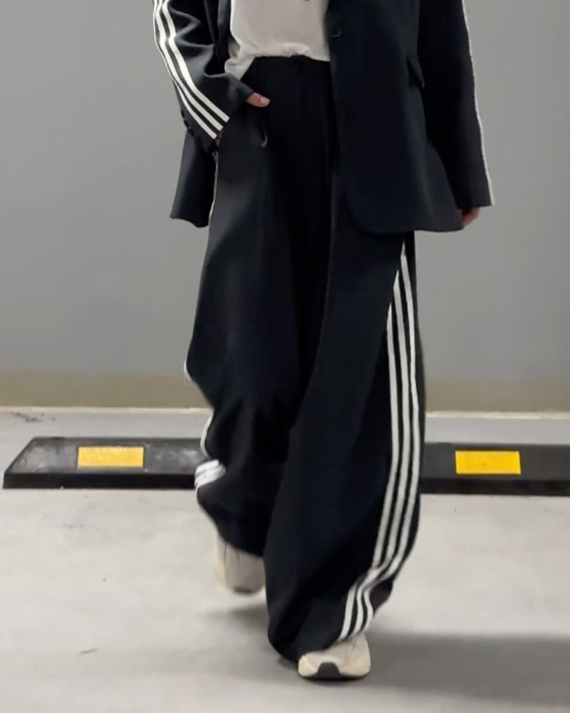 Fashionable Striped Blazer & Wide Leg Pants Two-Piece Set-thevervian