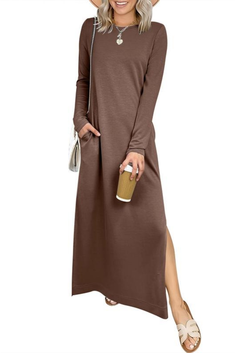Women Casual Crewneck Loose Fit Split Flowy Wrinkle-Free Travel Vacation Maxi Dress