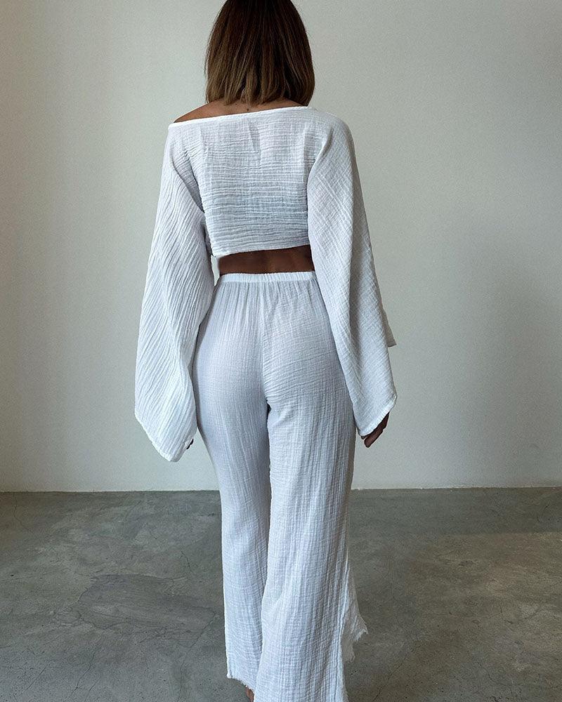 Woven lace-up cotton and linen two-piece set-thevervian