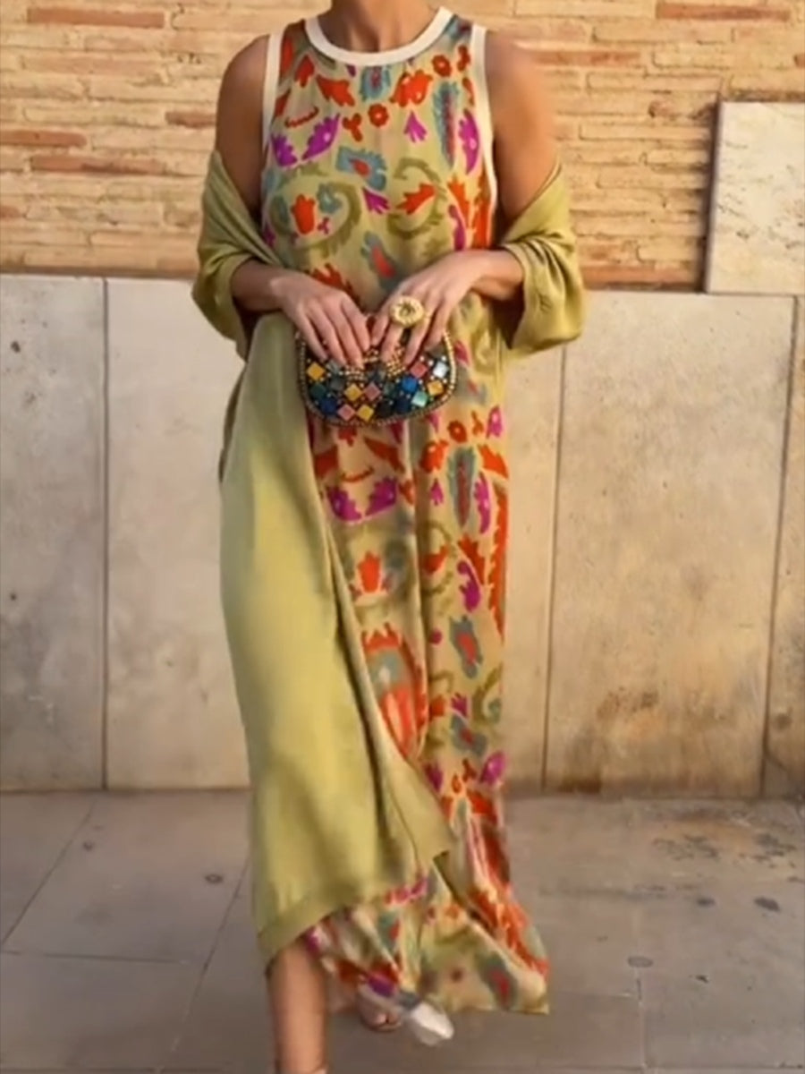 Elegant printed two-piece dress with cape-thevervian