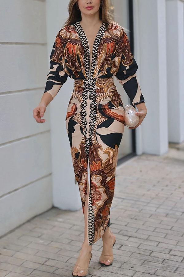 Unique Print Dolman Long Sleeve Ruched Slit Midi Dress-thevervian