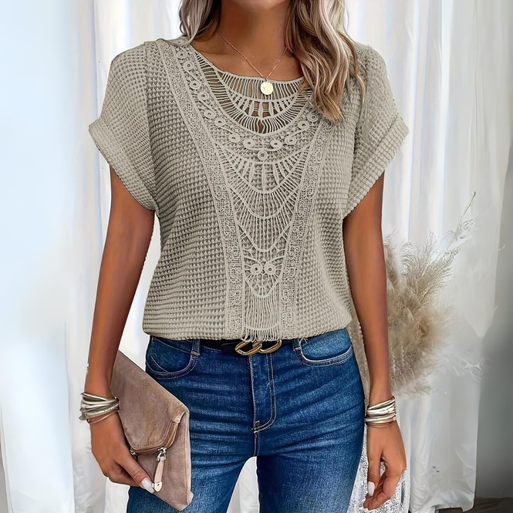 Elegant Lace Patchwork Hollow Short-sleeved Top-thevervian