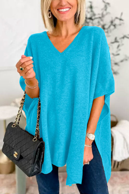 Chicest V Neck Loose Fit Solid Poncho Sweater-thevervian