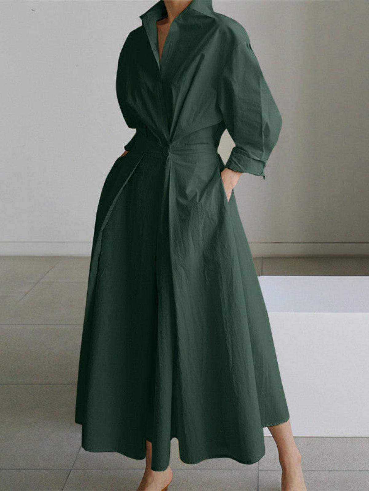 Elegant Pocket Button Lapel Collar Fold Solid Midi Dress-thevervian