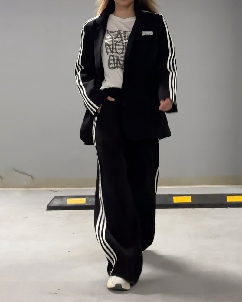 Fashionable Striped Blazer & Wide Leg Pants Two-Piece Set-thevervian