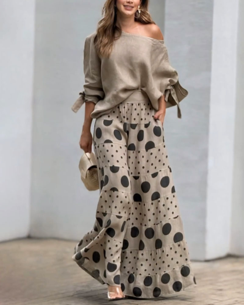 Casual Shoulder Top & Printed Pants Two-Piece Set-thevervian