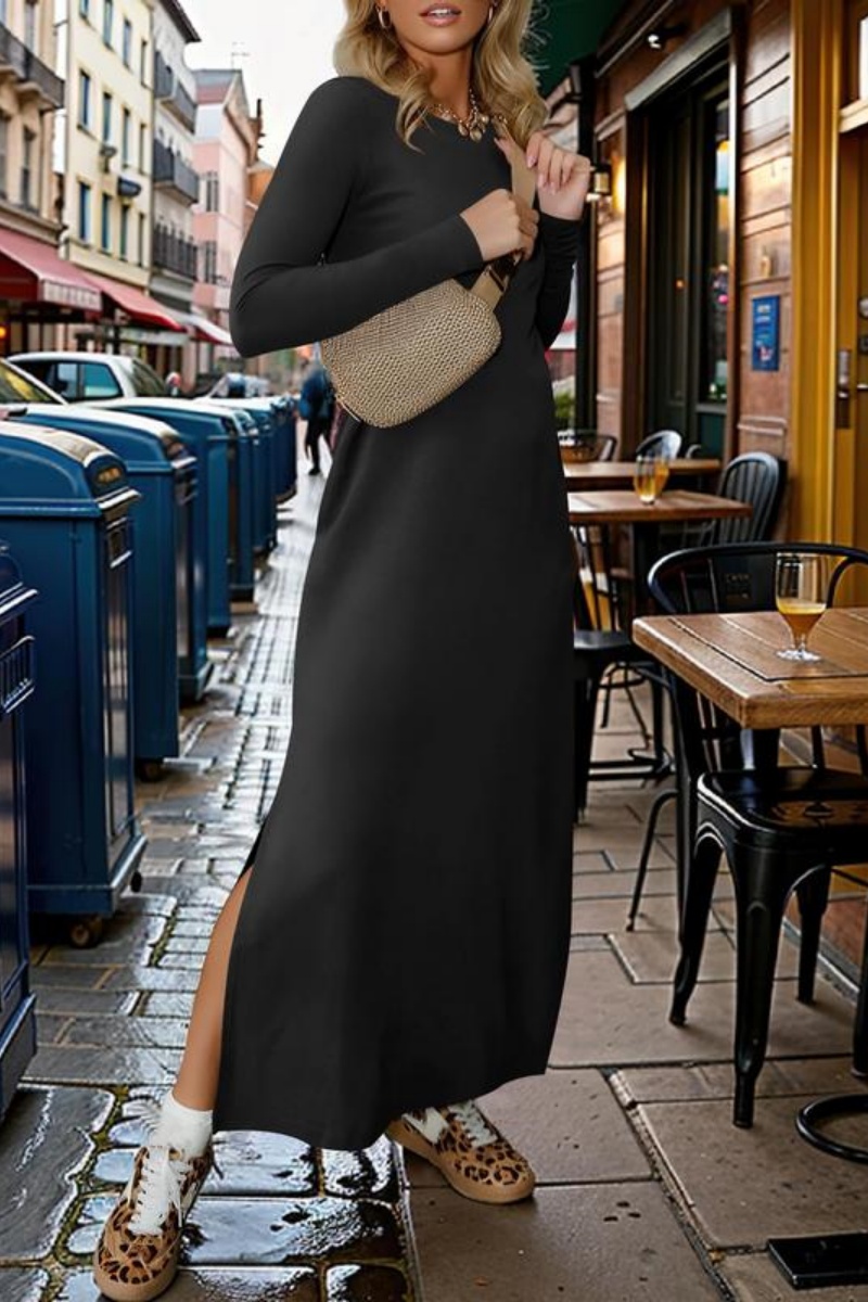 Women Casual Crewneck Loose Fit Split Flowy Wrinkle-Free Travel Vacation Maxi Dress