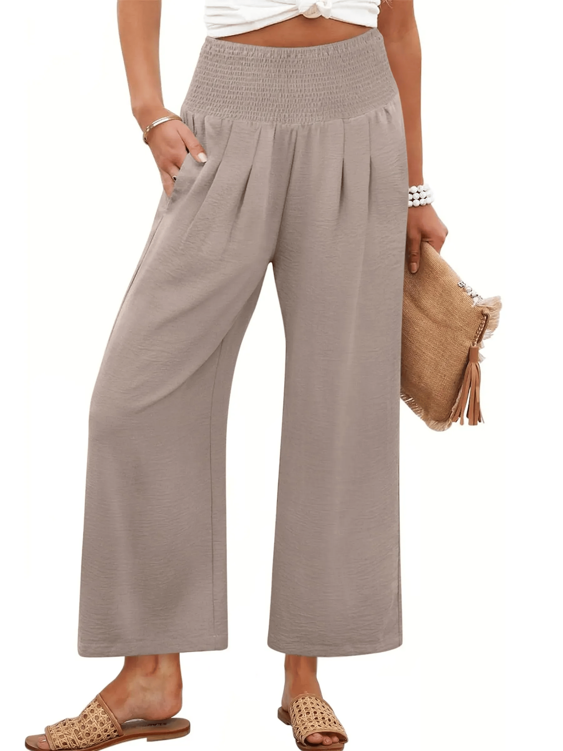 Women's Smocked Waist Wide Leg Palazzo Pants-thevervian