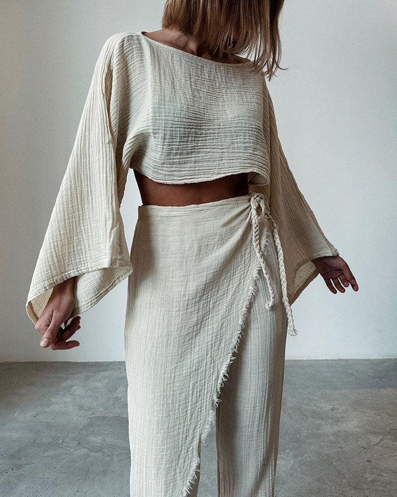 Woven lace-up cotton and linen two-piece set-thevervian