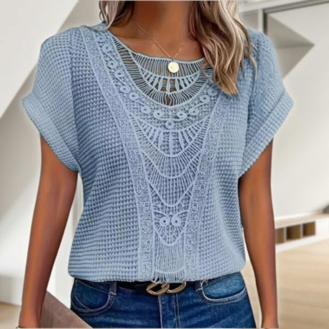 Elegant Lace Patchwork Hollow Short-sleeved Top-thevervian