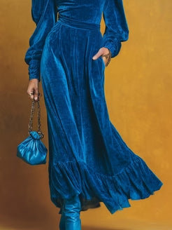 Retro-style velvet maxi dress with open neckline and puff hem-thevervian