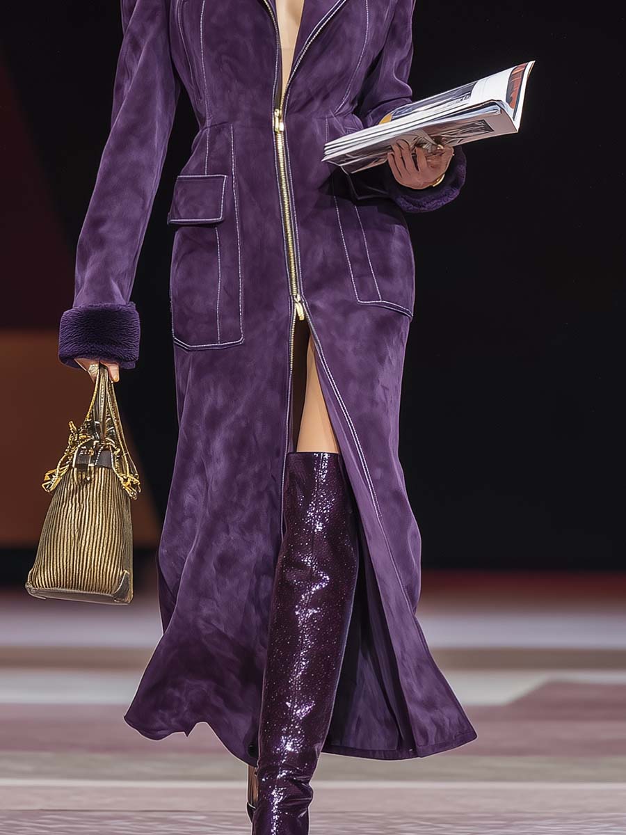 Retro purple fashionable oversized lapel zip-up faux suede slit coat-thevervian