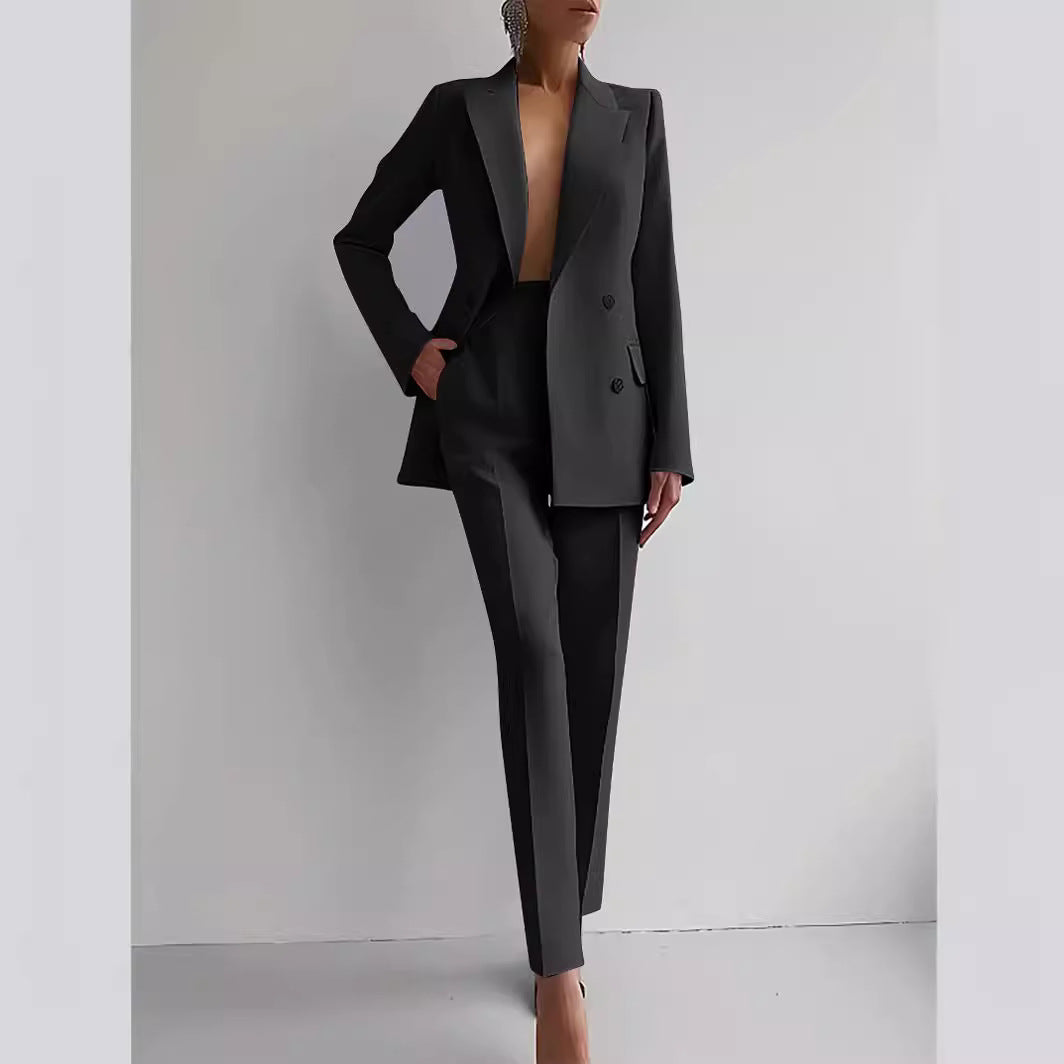 Casual Commuting Solid Color Blazer & High Waist Pants Set-thevervian