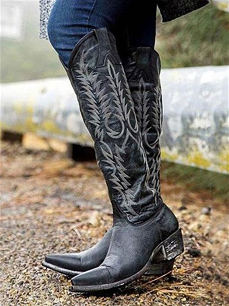 Vintage Western Cowboy Embroidered Knee-High Boots-thevervian