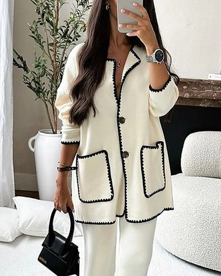 Edge Decorated Jacket Casual Pants Two-piece Set-thevervian