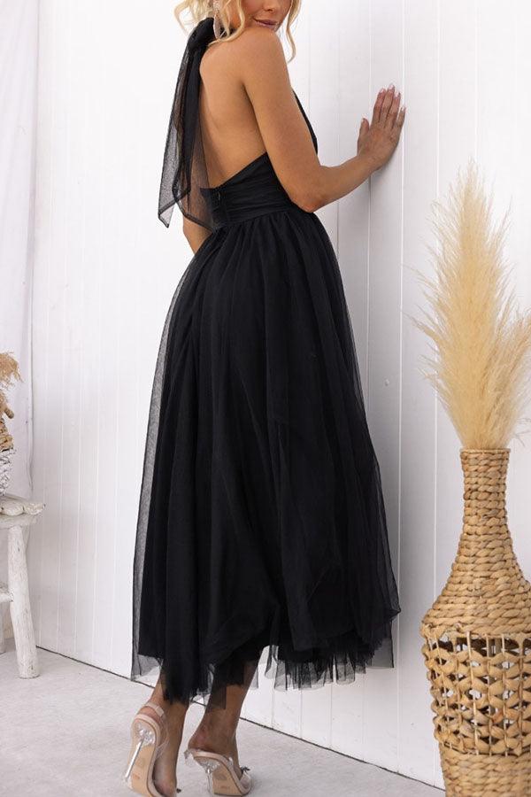 Fairy Vibes Tulle Gathered Detail Halter Maxi Dress-thevervian