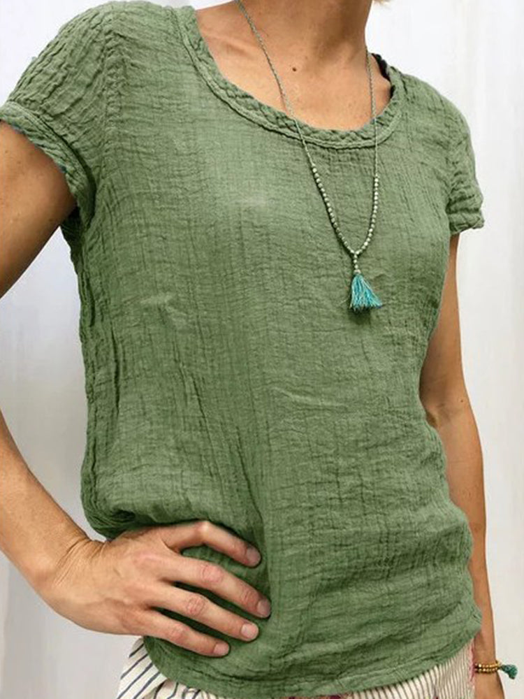 Vintag Reound Neck Cotton and Linen Casual Shirt-thevervian