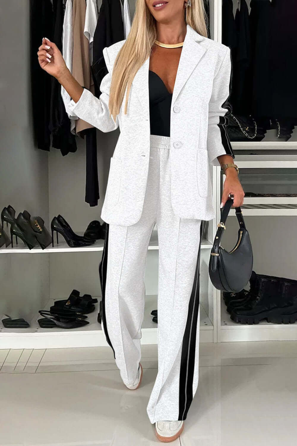 Contrast Lapel Collar Top and Pants Set-thevervian