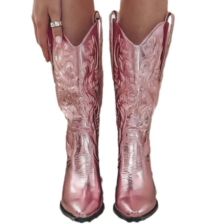 Embroidered Pointed Toe Thick Heel Western Boots-thevervian