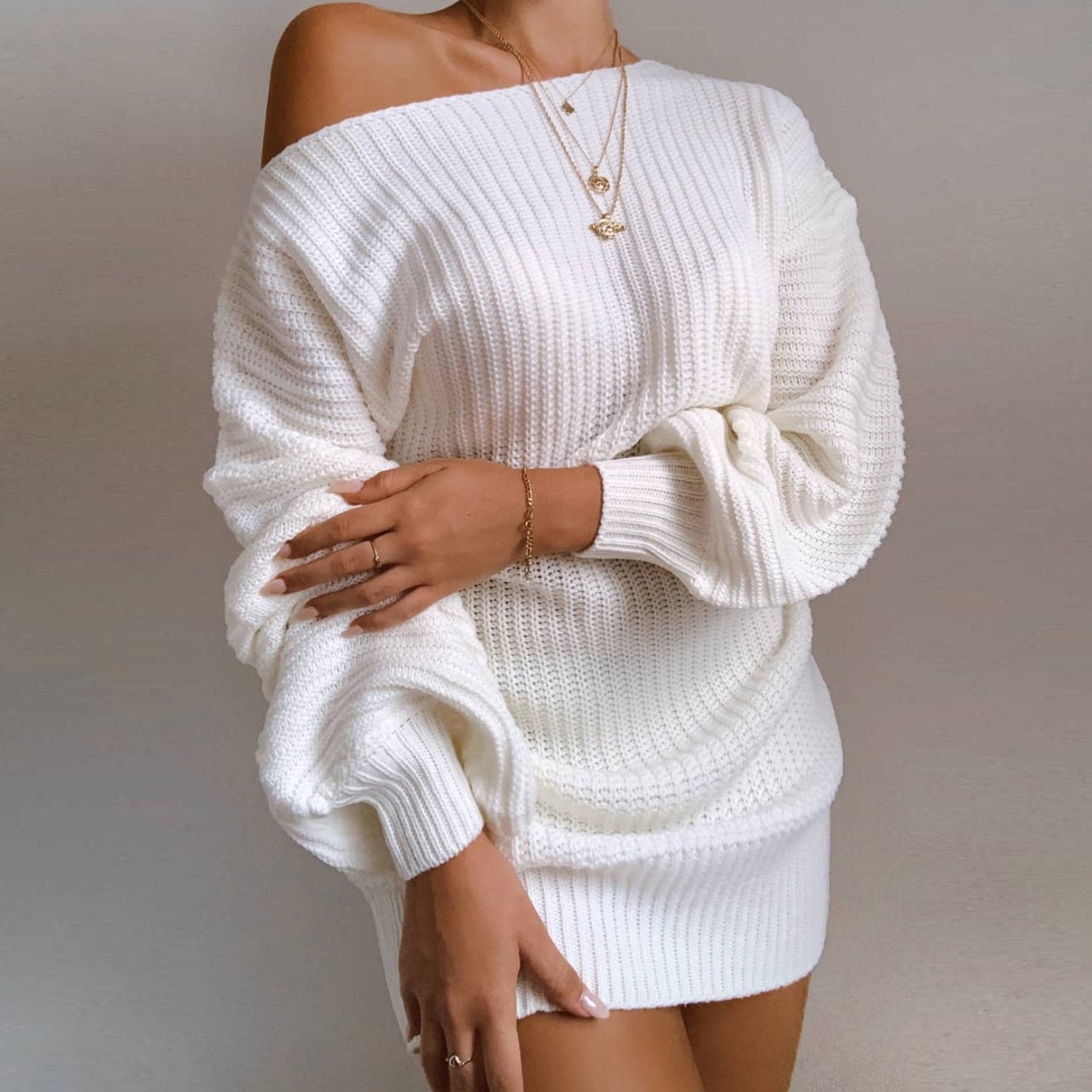 Daily Off Shoulder Sweater Dress-thevervian
