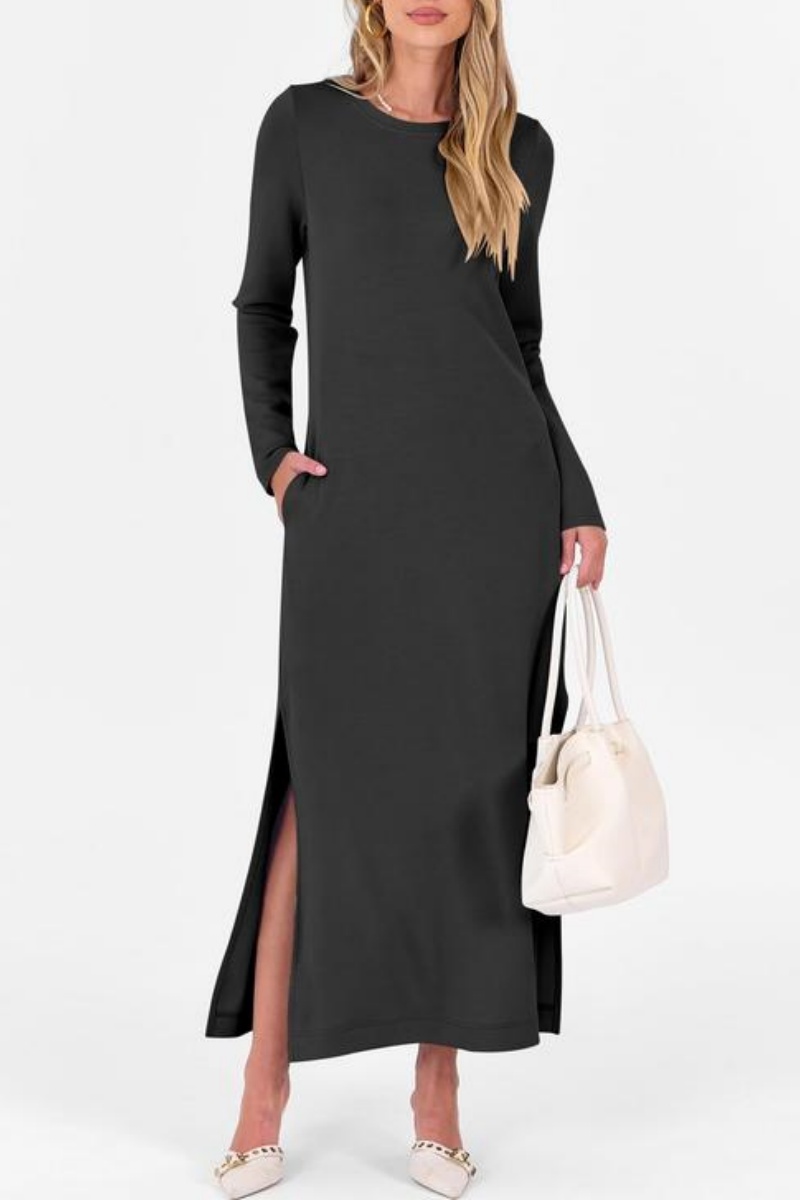 Women Casual Crewneck Loose Fit Split Flowy Wrinkle-Free Travel Vacation Maxi Dress