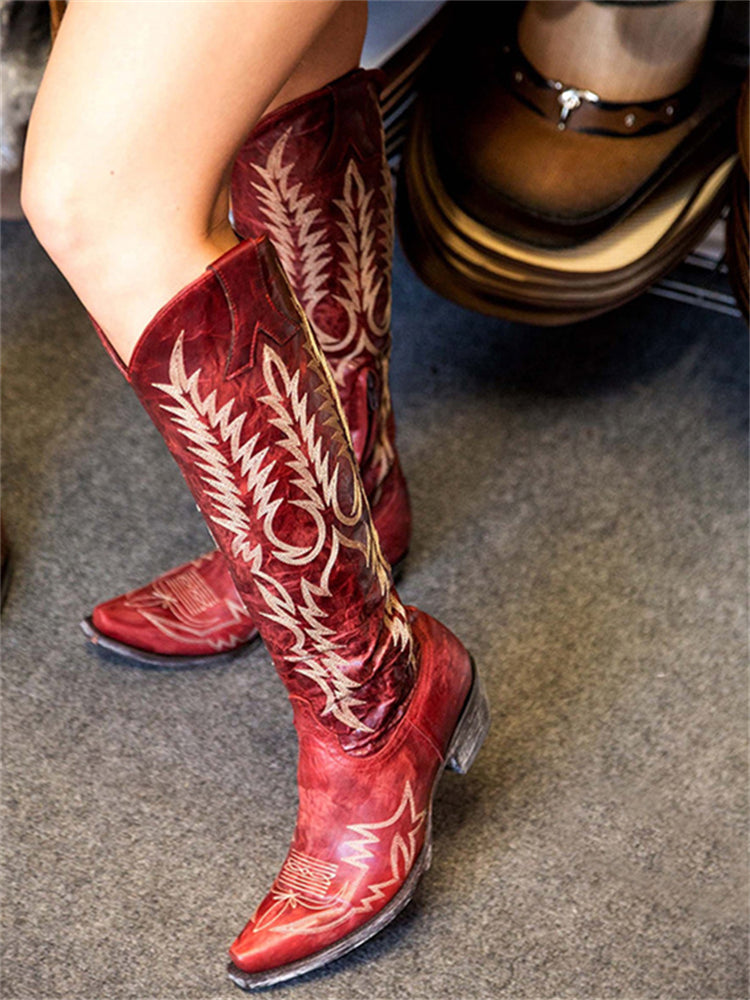 Vintage Western Cowboy Embroidered Knee-High Boots-thevervian