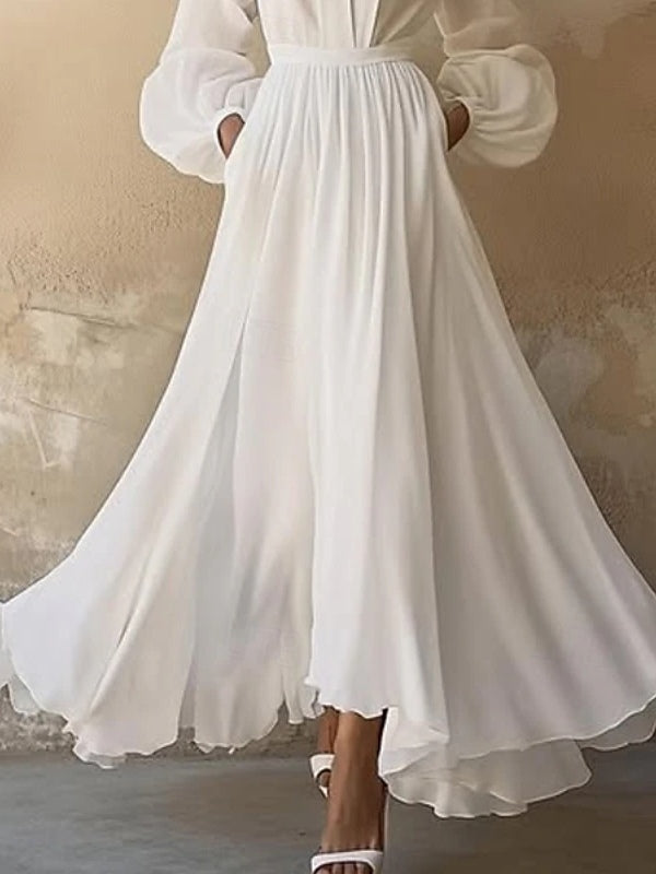 White V-neck Lantern Sleeve Ruffled Maxi Dress-thevervian