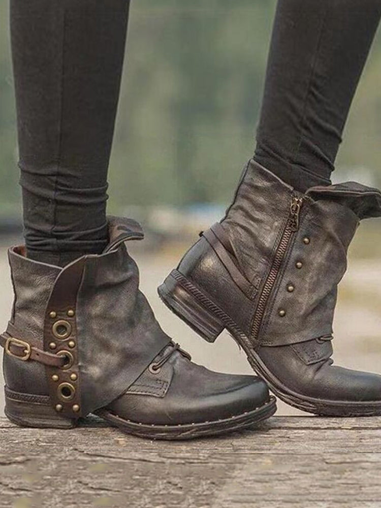 Vintage Studded Patch Buckle Ankle Boots-thevervian