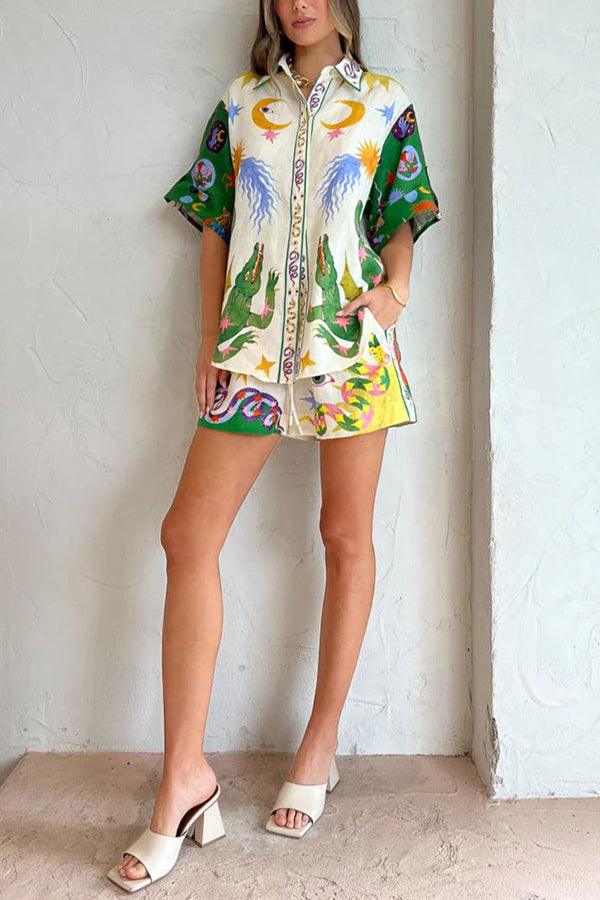 Days of Heaven Linen Blend Unique Print Blouse and Elastic Waist Pocketed Shorts Set-thevervian