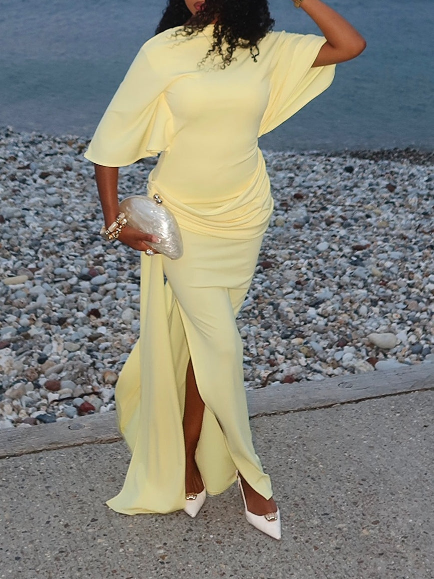 Yellow Cape Backless Maxi Dress-thevervian