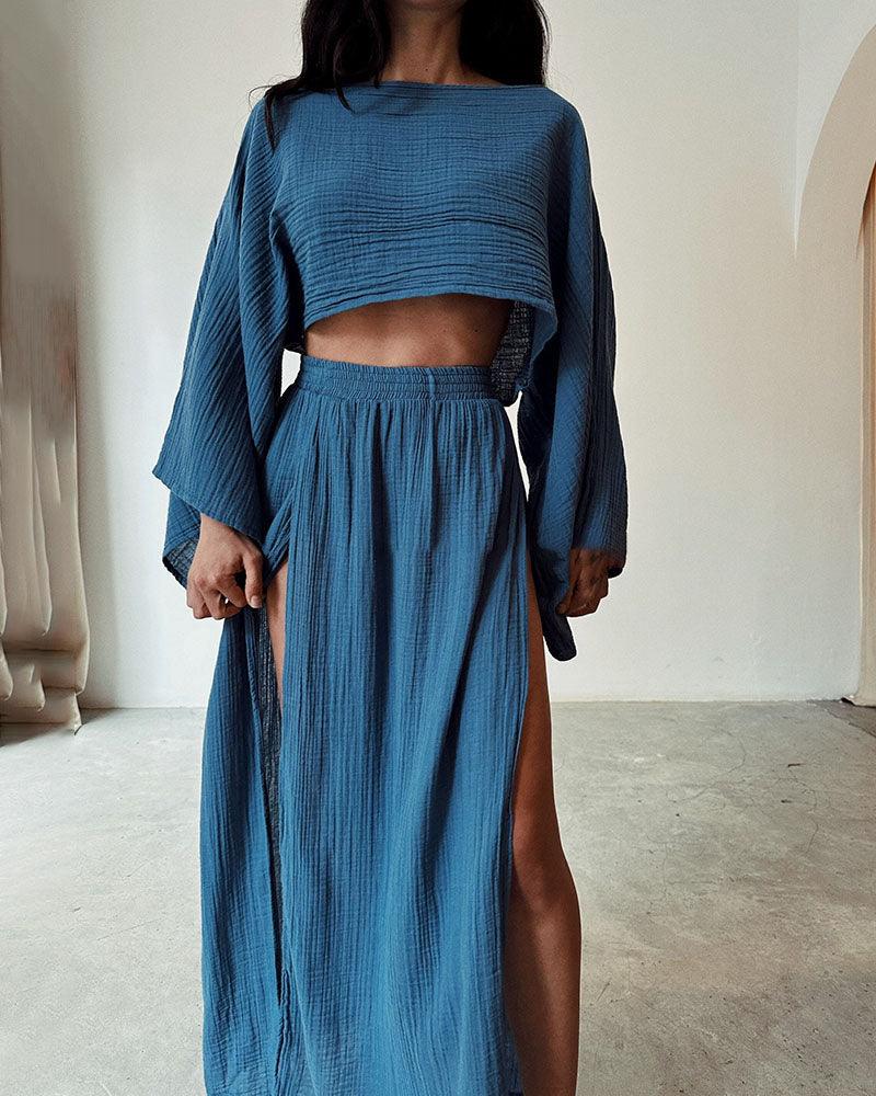 Chic slit cotton and linen casual two-piece set-thevervian
