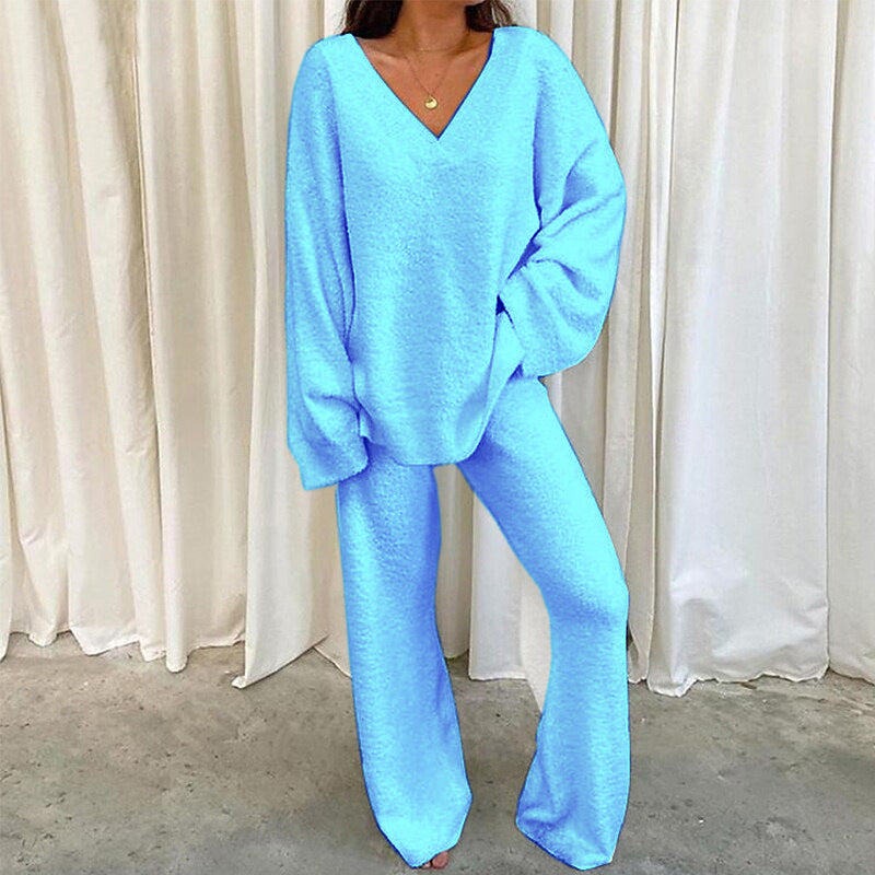 Comfortable Solid Color V-neck Daily  Two-piece Set-thevervian