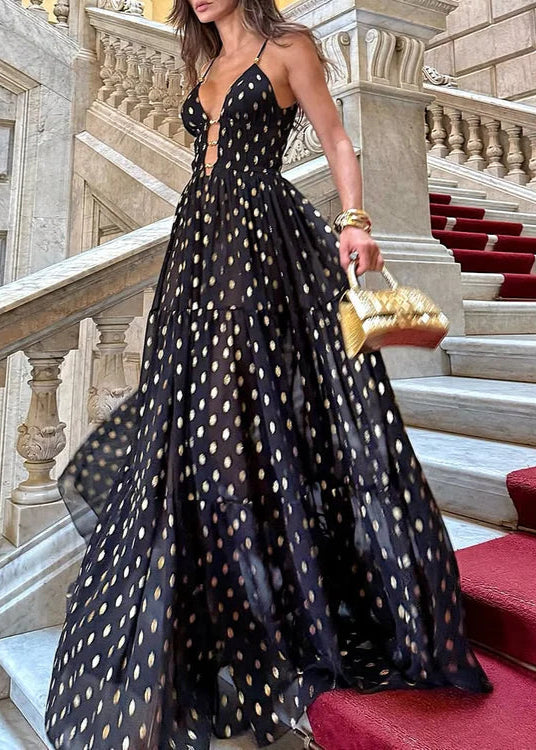 Black and Gold Polka Dots V-neck One Piece Swimsuit and Skirt-thevervian