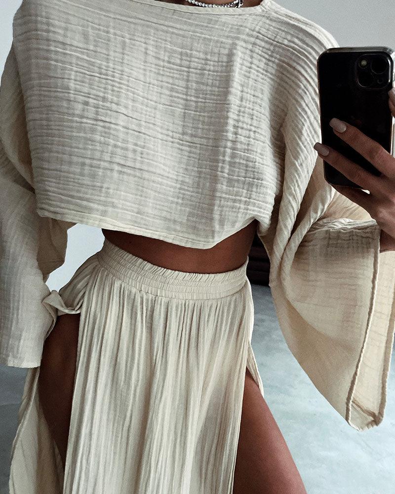 Chic slit cotton and linen casual two-piece set-thevervian