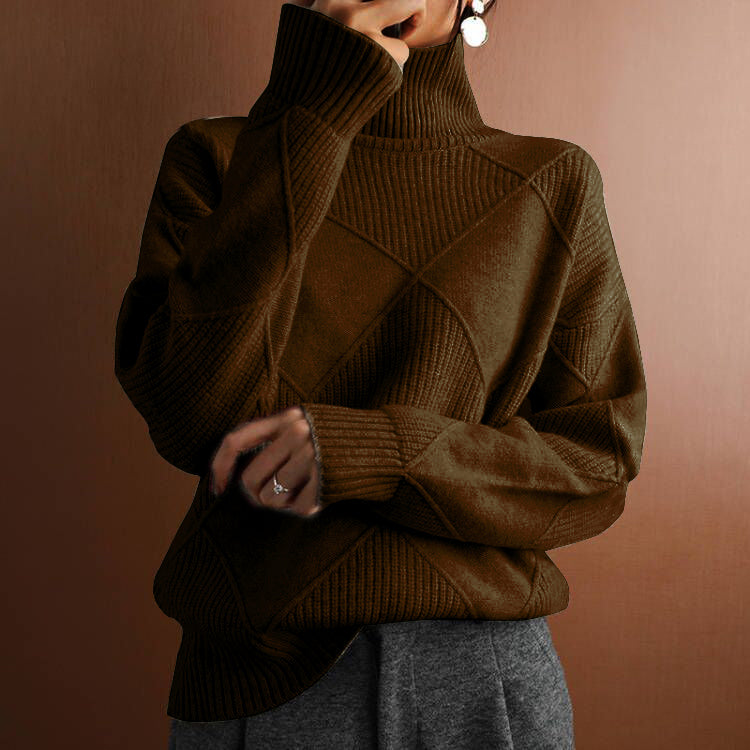Turtleneck loose lozenge long-sleeved winter sweater-thevervian