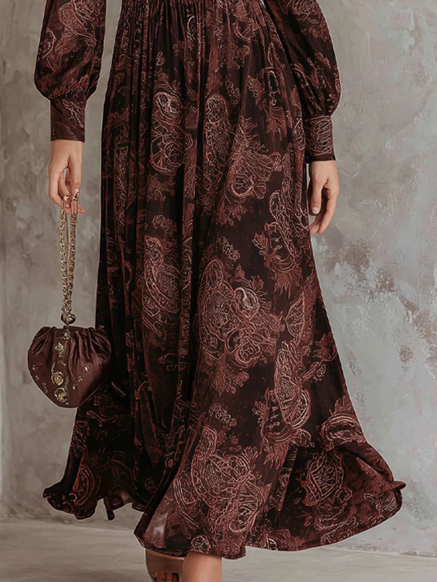 Brown Paisley Zippered Waist Maxi Dress-thevervian