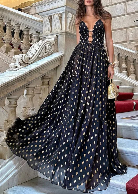 Black and Gold Polka Dots V-neck One Piece Swimsuit and Skirt-thevervian