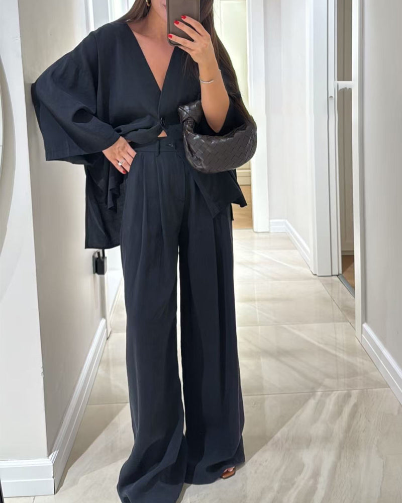 Casual V-Neck Top & Pants Two-Piece Set-thevervian