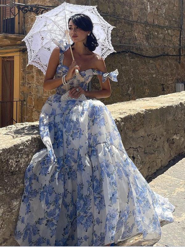 Organza Floral Print Tie Strap Maxi Dress-thevervian