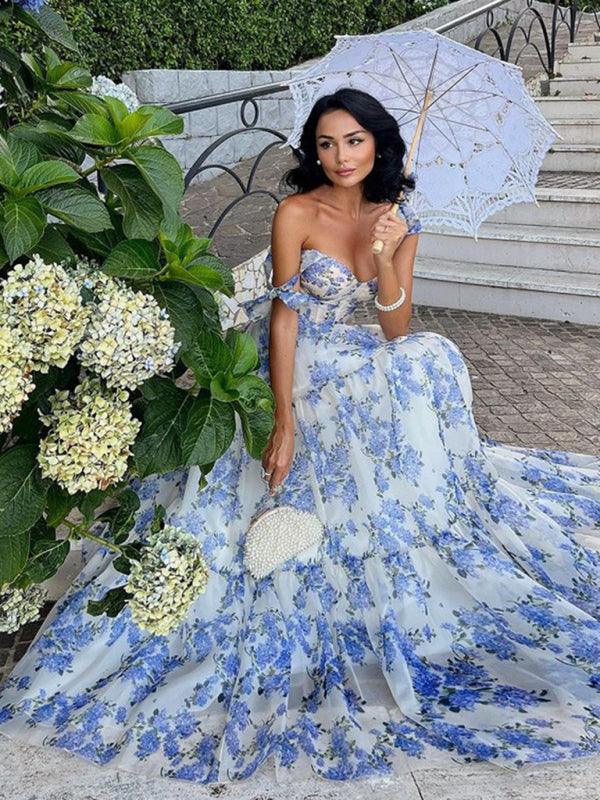 Organza Floral Print Tie Strap Maxi Dress-thevervian