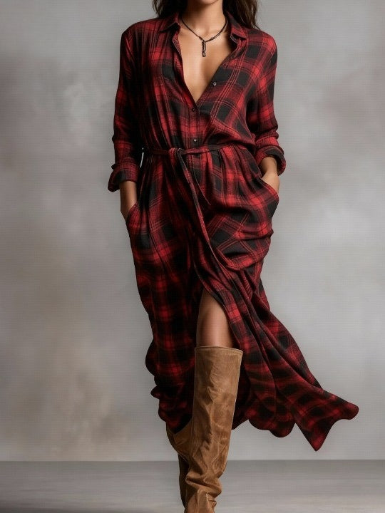 Red Plaid Lapel Button-Down Shirt Maxi Dress-thevervian