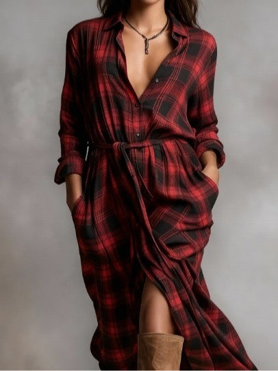 Red Plaid Lapel Button-Down Shirt Maxi Dress-thevervian