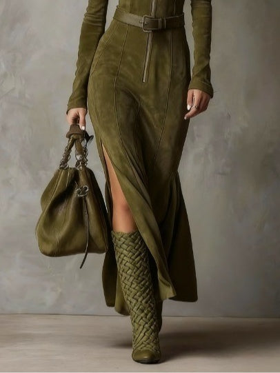 Vintage Green Zipper Belted Maxi Dress（Includes belt）-thevervian