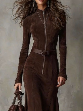 Brown Vintage Zipper Belted Midi Dress（Includes belt）-thevervian