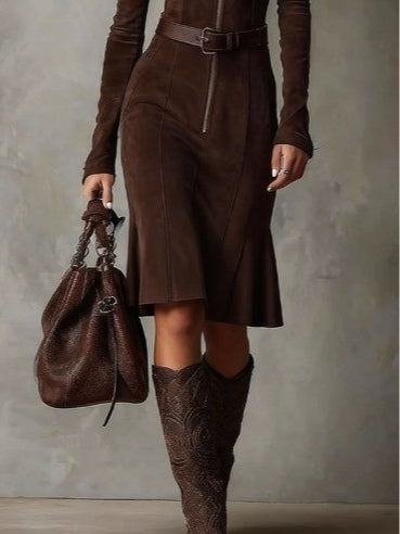 Brown Vintage Zipper Belted Midi Dress（Includes belt）-thevervian