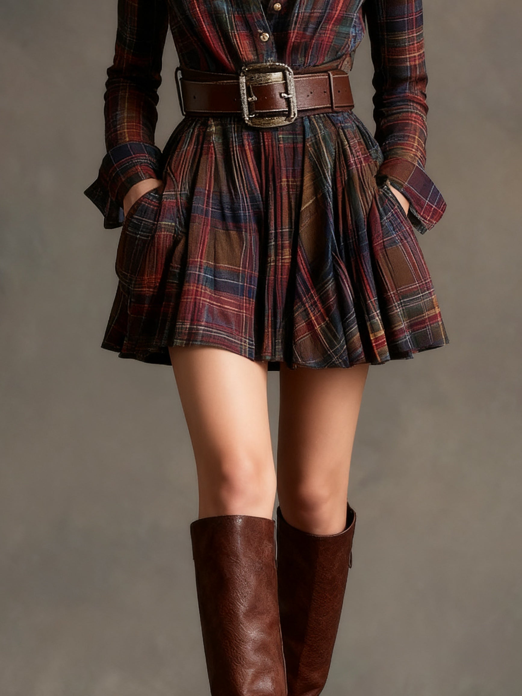 Vintage Lapel Red and Brown Plaid Mini Dress（Includes belt）-thevervian