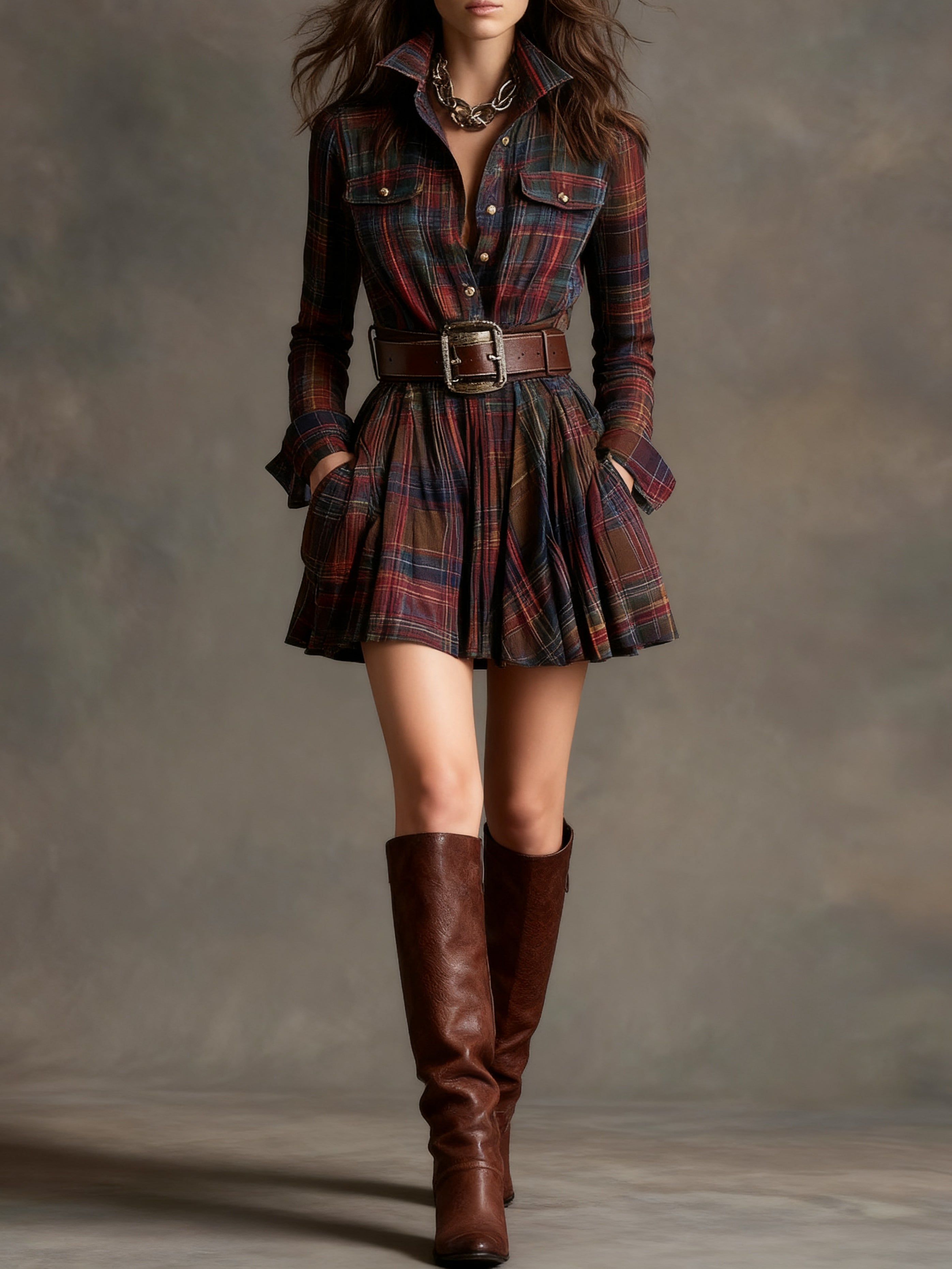 Vintage Lapel Red and Brown Plaid Mini Dress（Includes belt）-thevervian