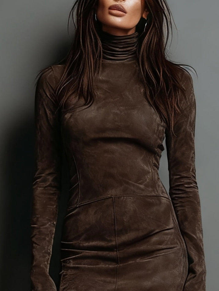 Vintage Turtleneck Suede Mini Dress-thevervian