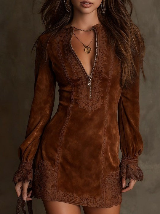 Vintage Blue Suede Lace Trim Mini Dress-thevervian