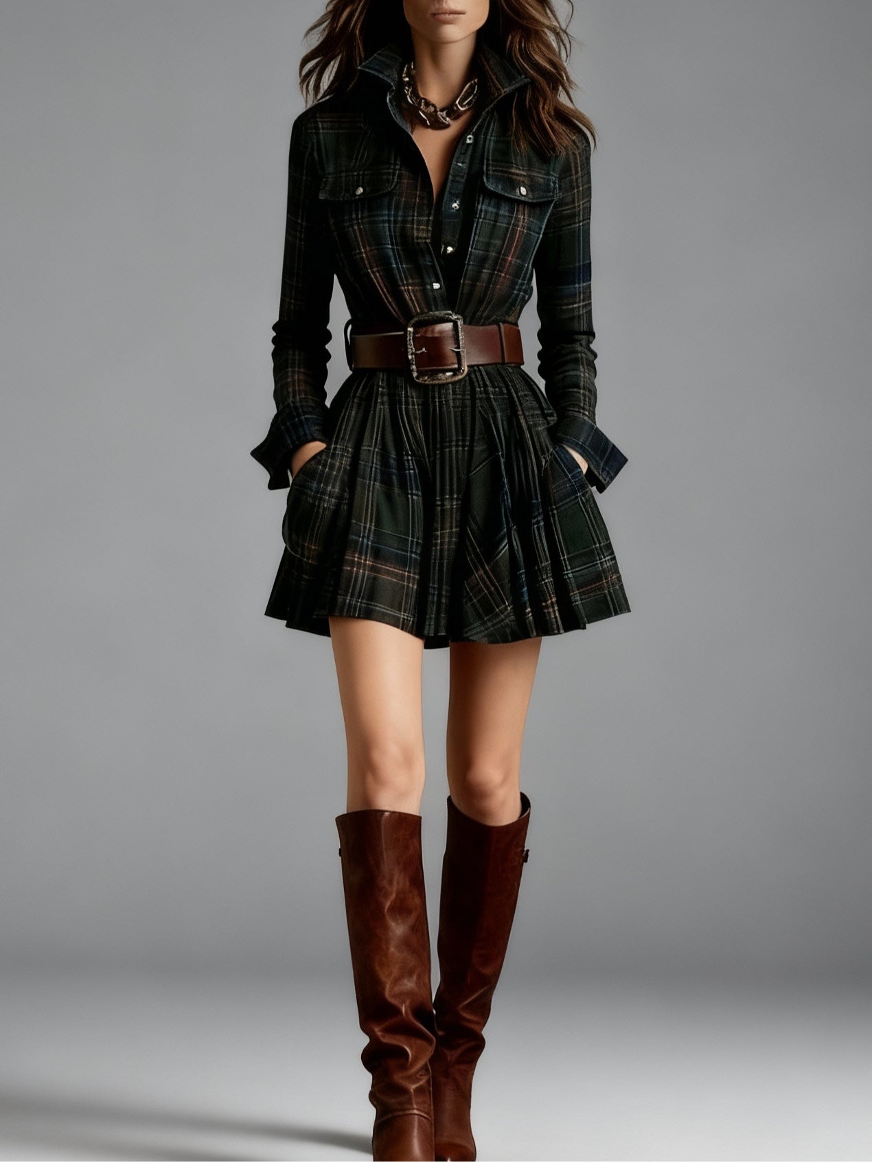 Vintage Lapel Red and Brown Plaid Mini Dress（Includes belt）-thevervian